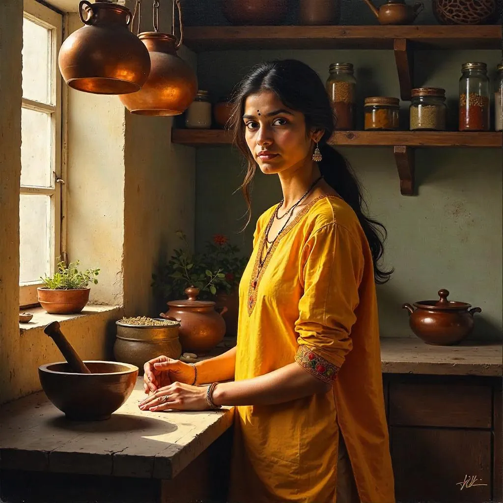 Oil Portrait: Young Indian Woman in a Cozy Kitchen