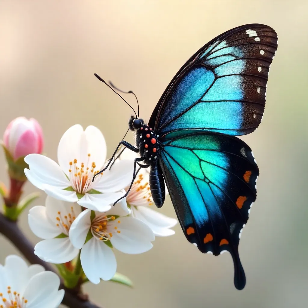 Vibrant Butterfly on White Spring Blossoms