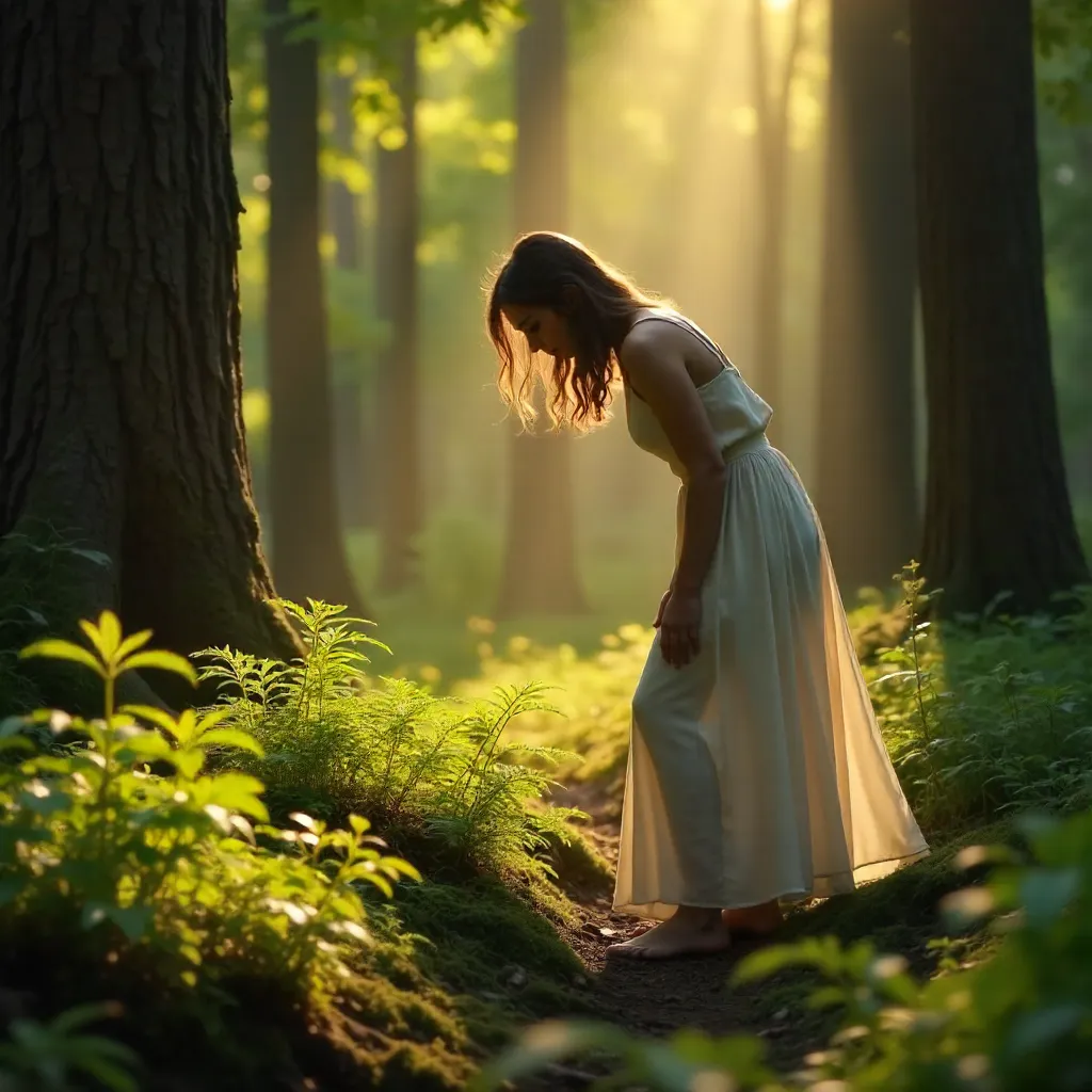 Sunlit Forest Study: Woman in White Dress