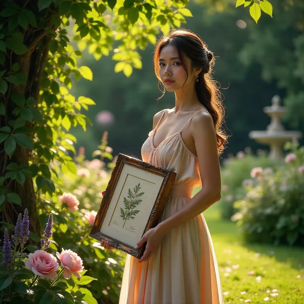 Woman with Framed Botanical Print in a Lush Garden