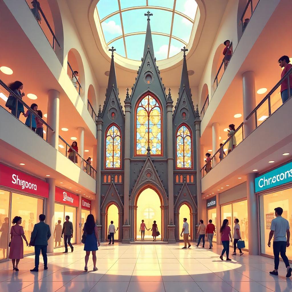 Cartoon Cathedral in a Busy Shopping Mall