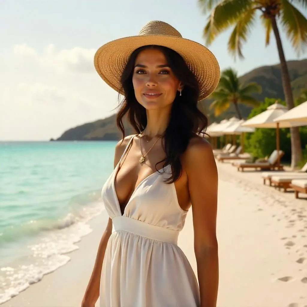 Elegant Latina Woman at a Sunlit Beach Resort