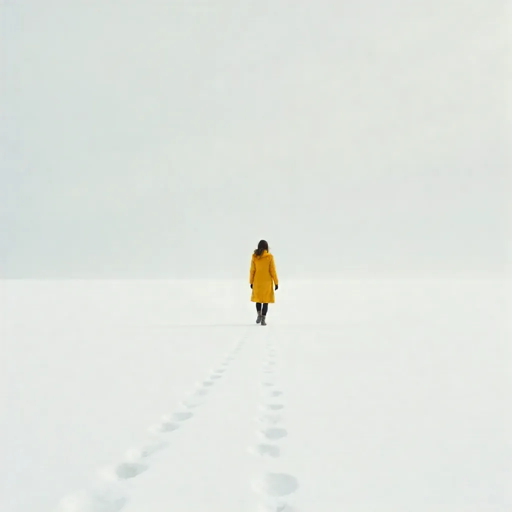 Solitary Woman in a Yellow Coat on a Snowfield