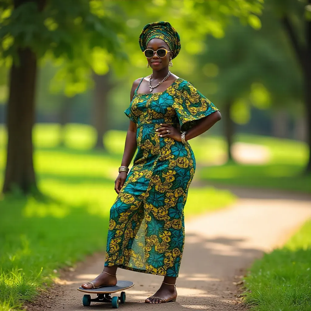 Stylish Nigerian Woman in Cultural Dress with Skateboard in Park