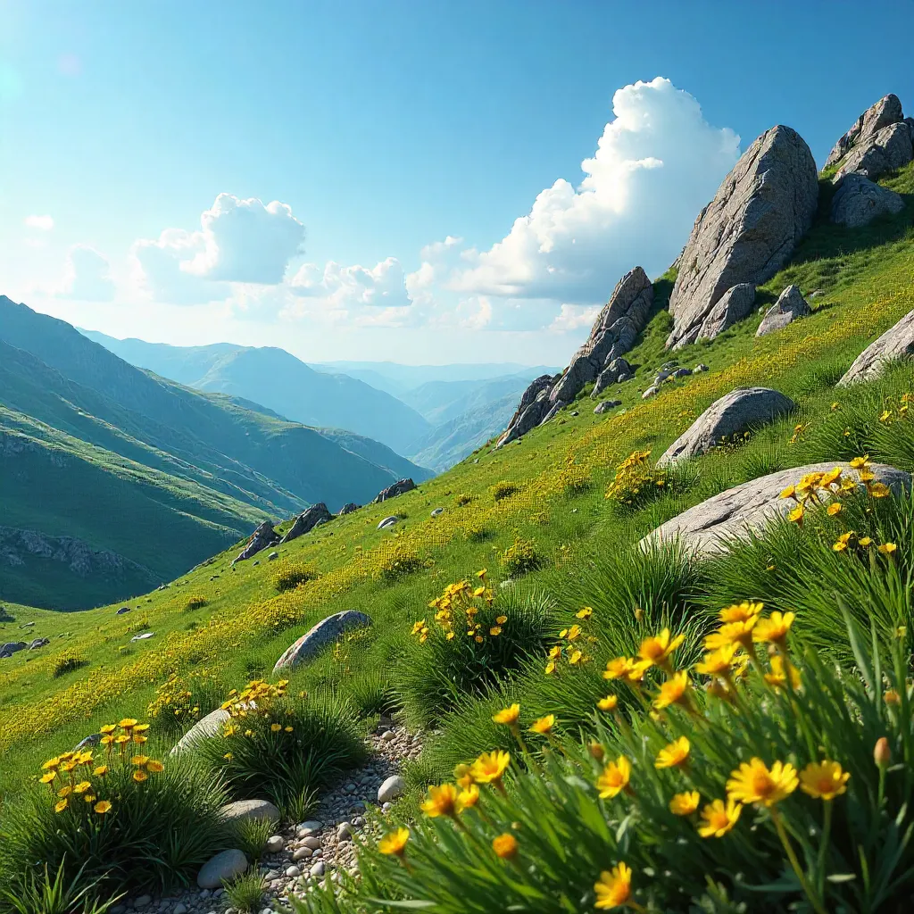 Hillside Boulders and Yellow Wildflowers under a Blue Sky