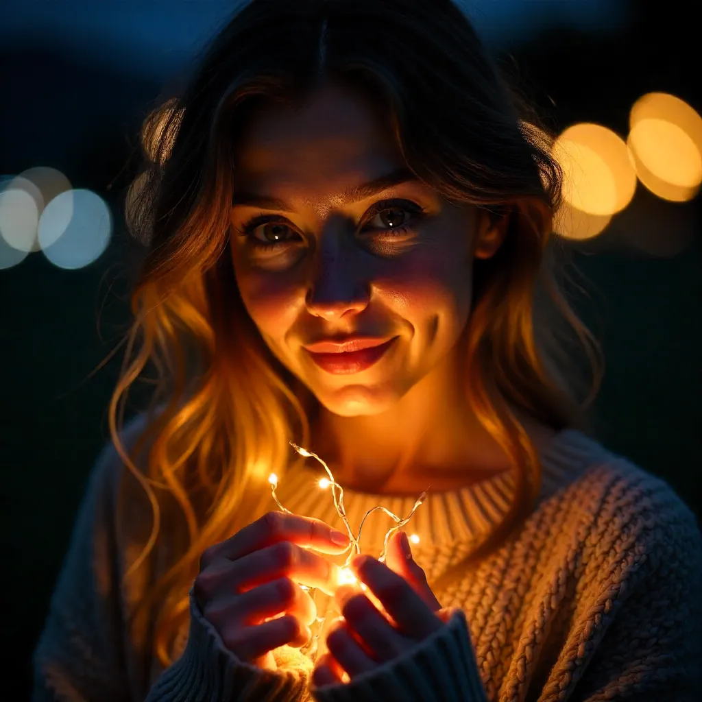 Warm Night Portrait with Fairy Lights and Bokeh