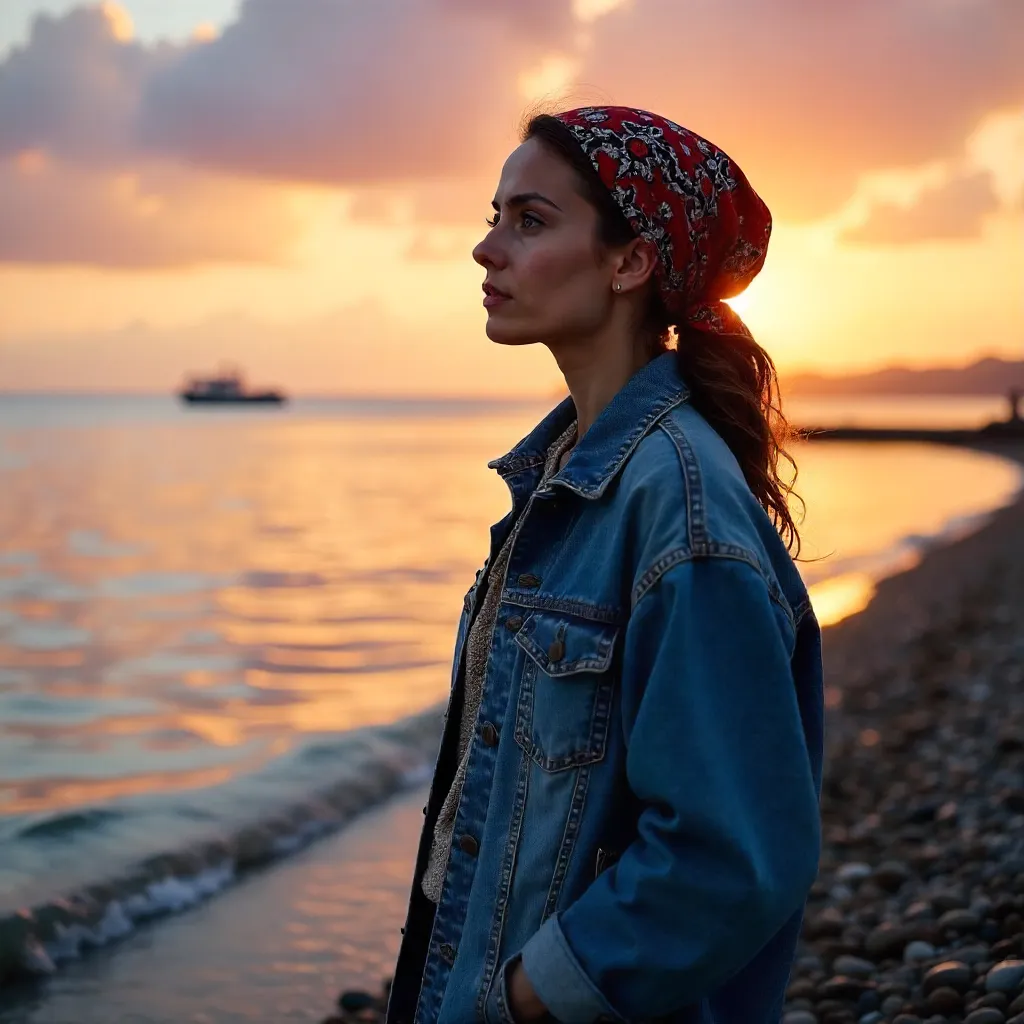 Sunset Contemplation: Denim Jacket and Headscarf by the Water