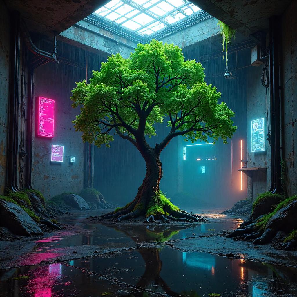 Neon Tree in a Cyberpunk Bunker