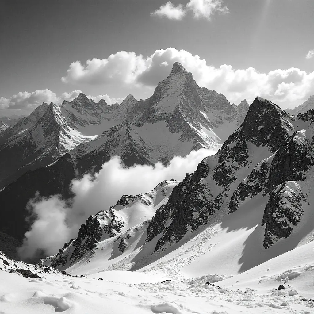 Monochrome Majesty of Snow-Capped Peaks