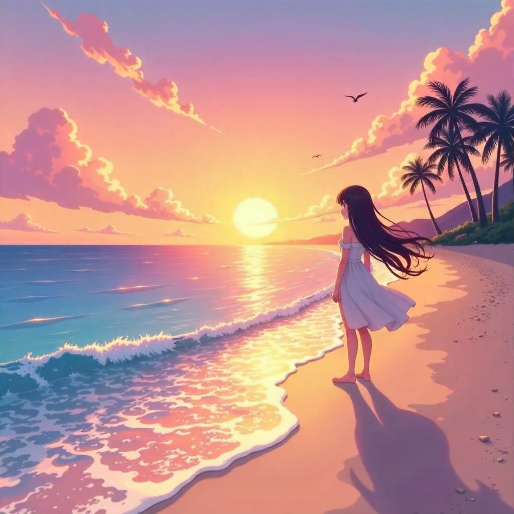Anime Sunrise on a Tranquil Beach