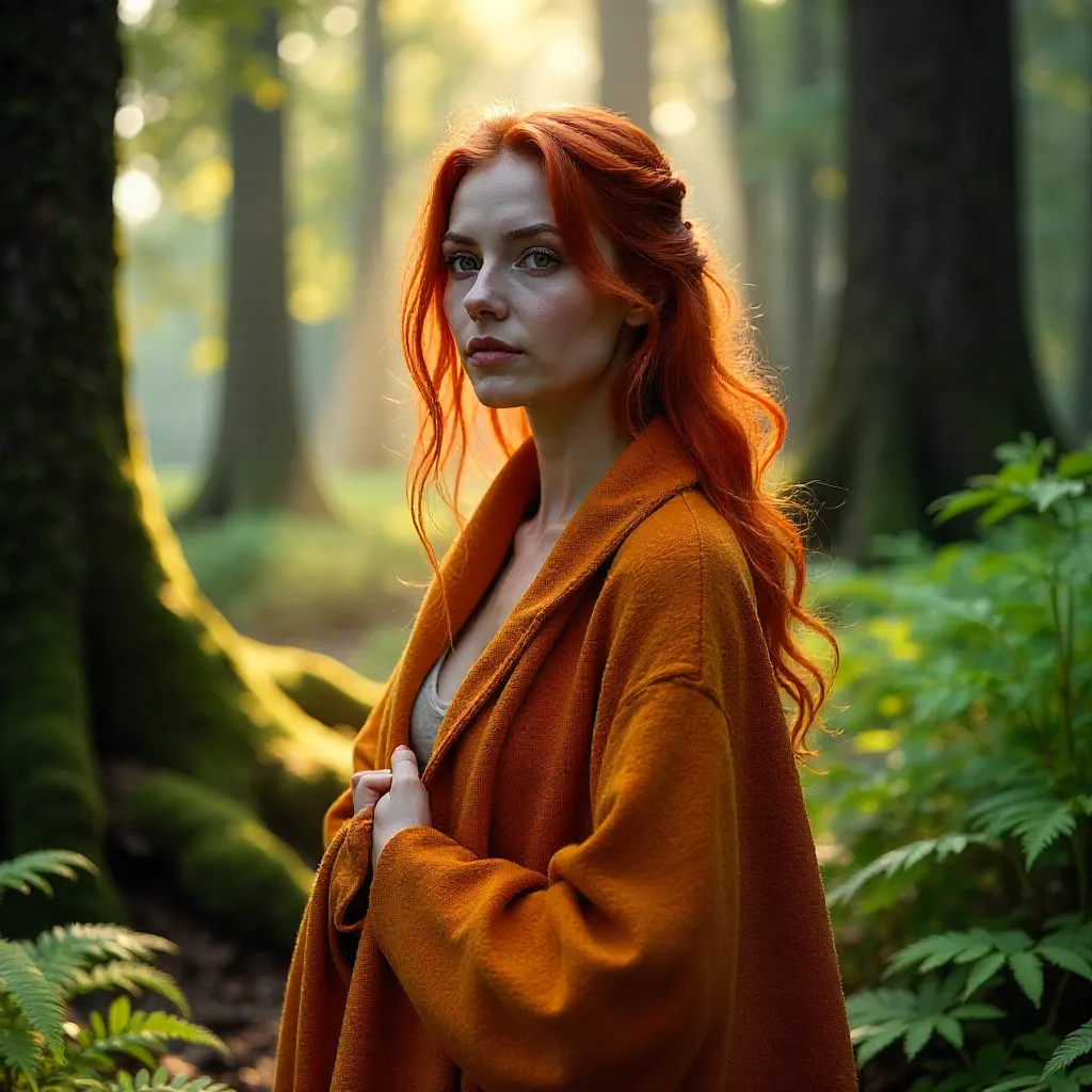 Red-Haired Woman in an Orange Blanket in the Forest