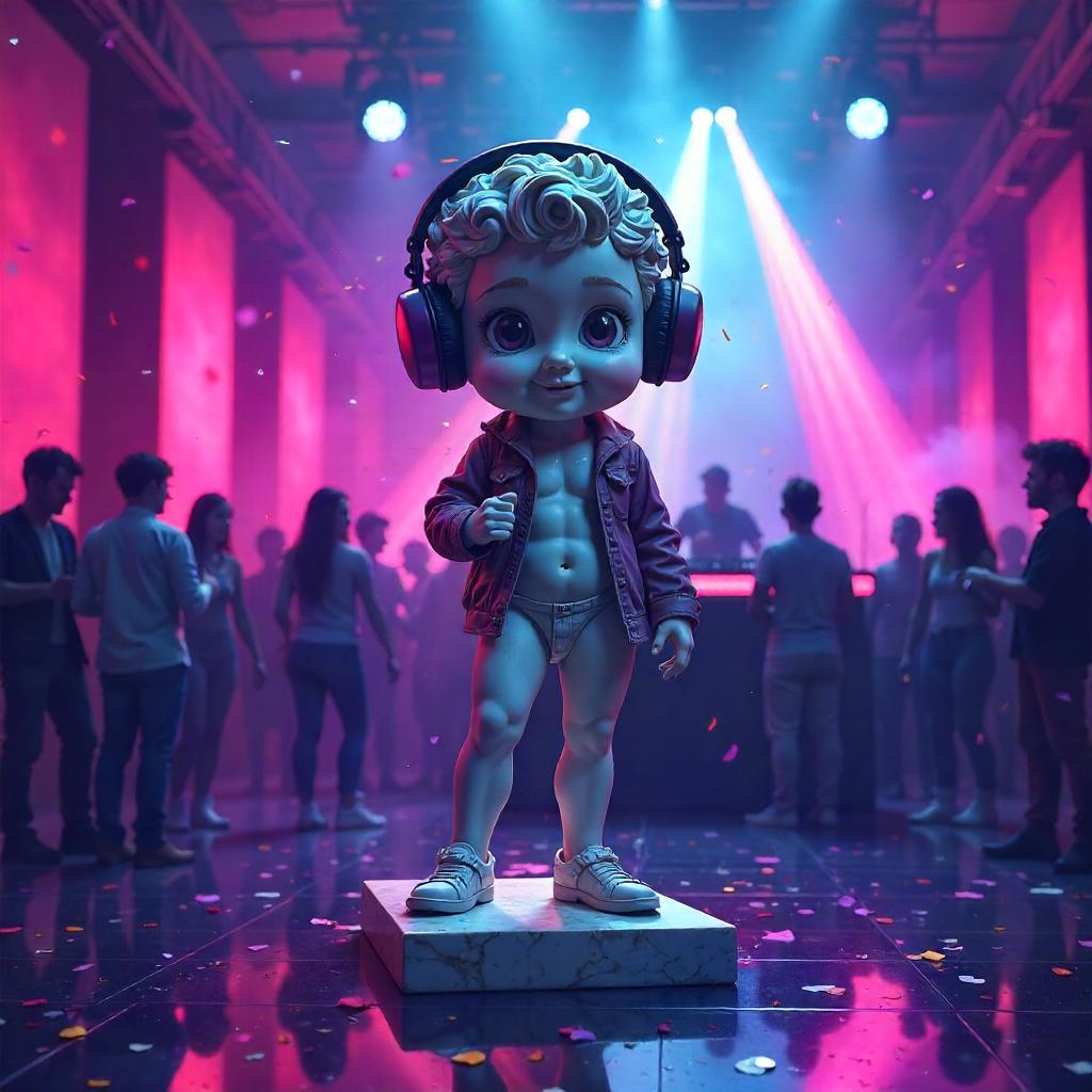 Cartoon Statue in a Neon Nightclub