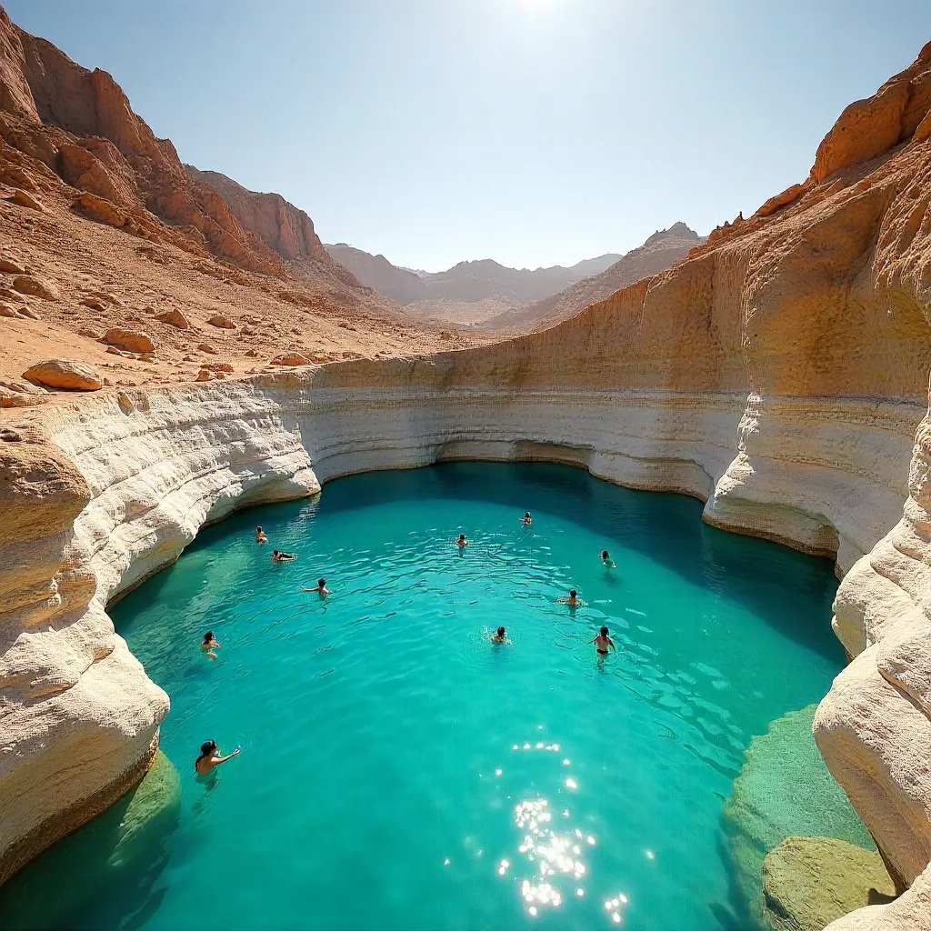 Tourists Enjoying a Swim at Oman’s Bimmah Sinkhole