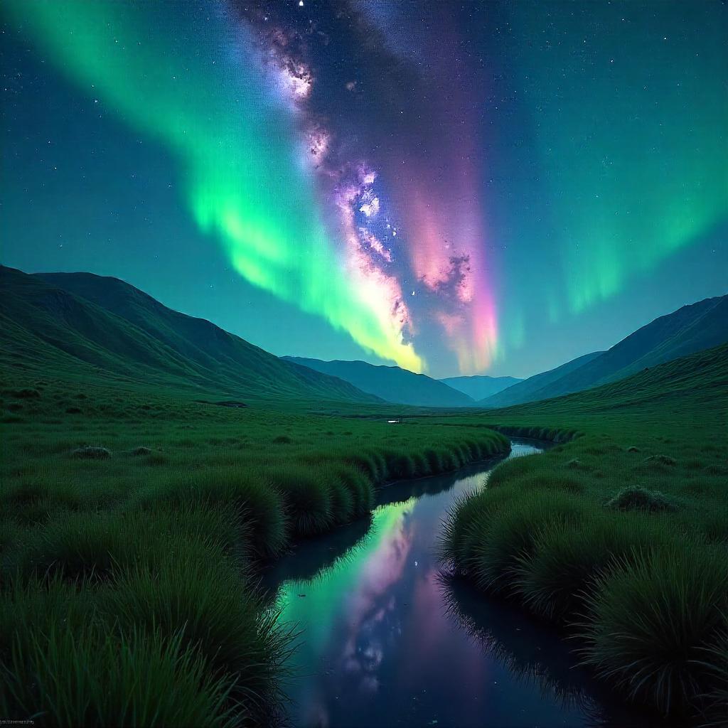 Nebula Over Aurora Fields - Photorealistic Landscape