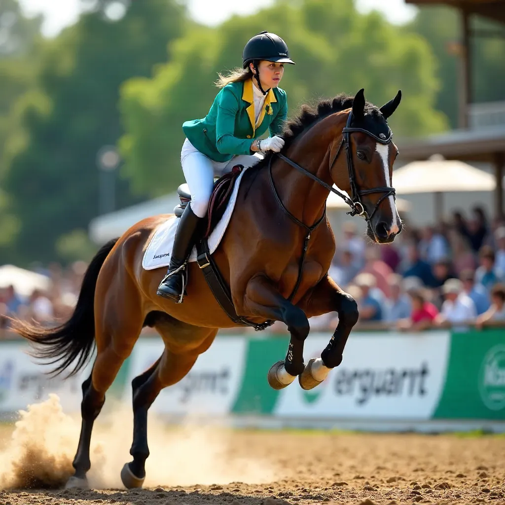 Leap of Precision: Female Jockey Jumping Outdoors