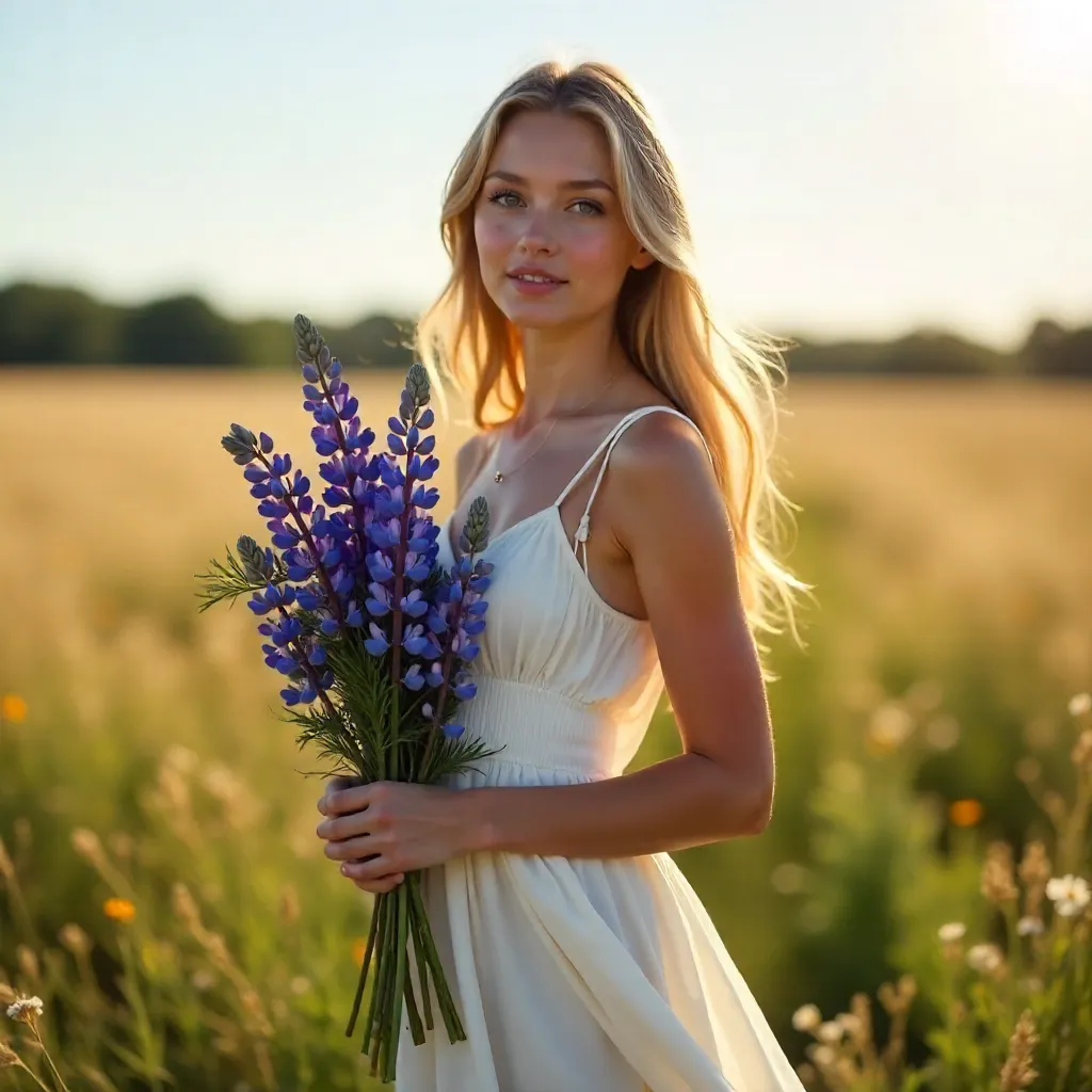 Young Woman in White Dress with Lupine Bouquet in a Summer Field