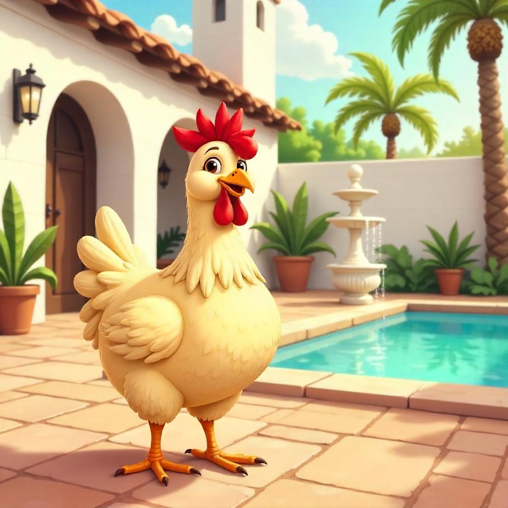 Cartoon Chicken enjoying a sunny villa courtyard