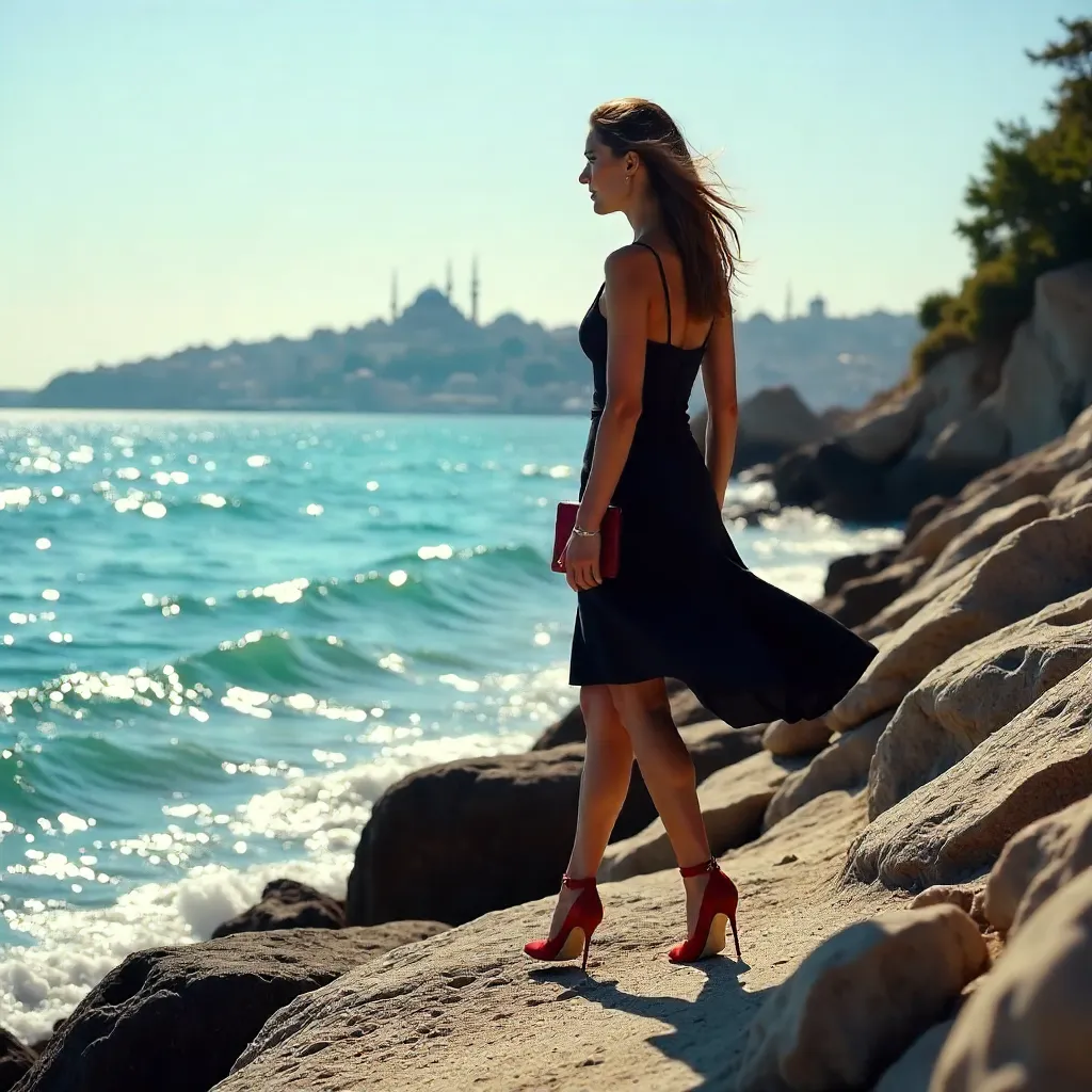Chic Woman in Black Dress by Istanbul Seaside