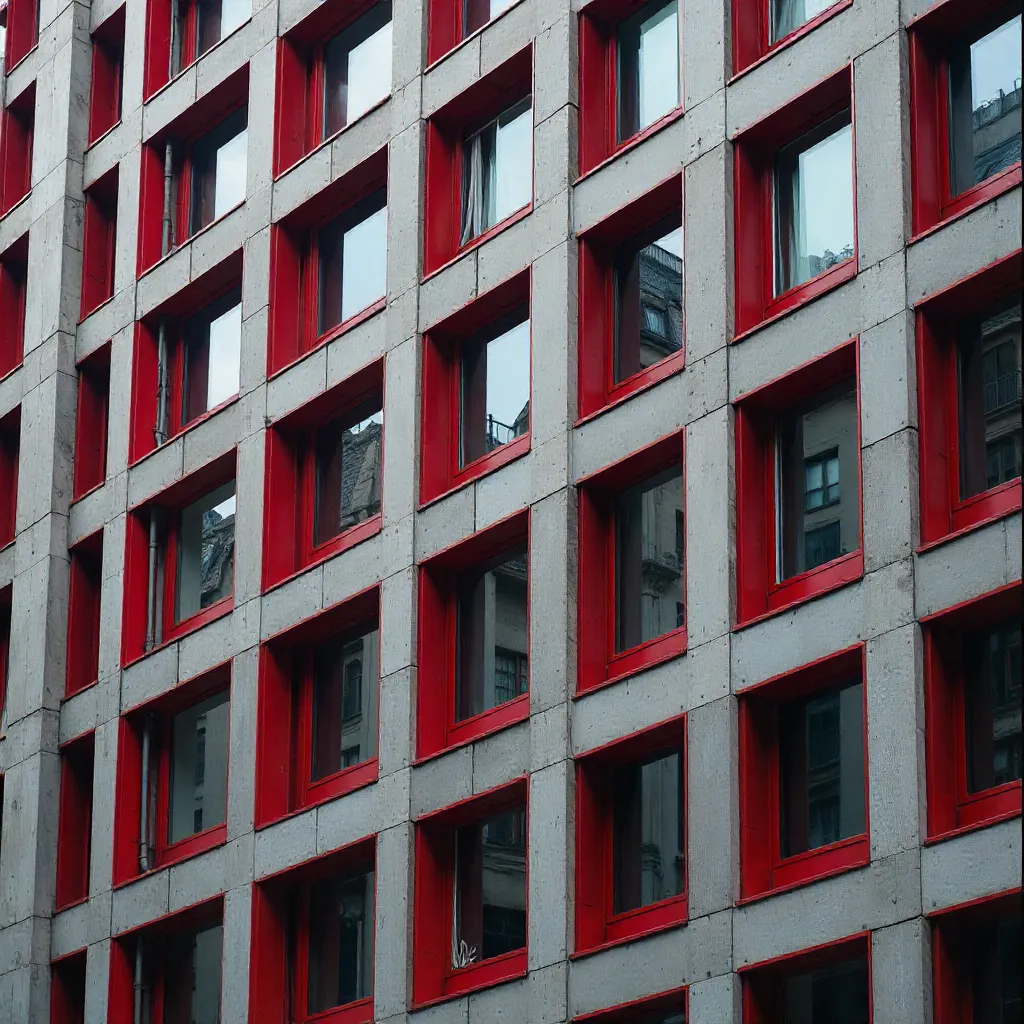 Close-Up Red-Framed Window Grid Facade