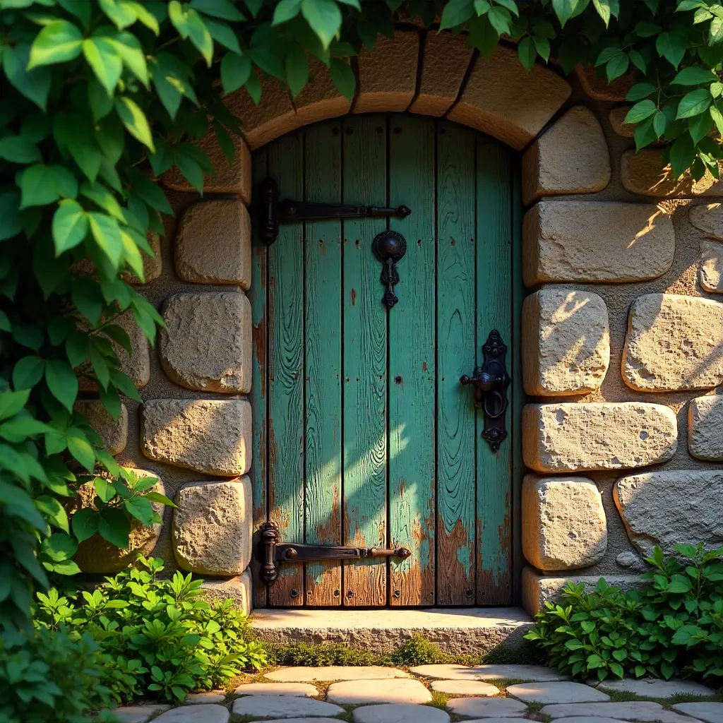 Rustic Door in Stone Wall with Verdant Cover
