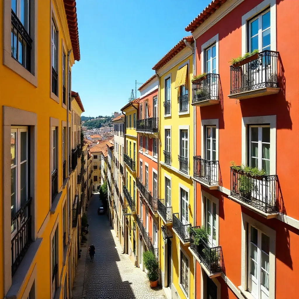 Bright Lisbon Facades: Yellow and Red under Blue Sky