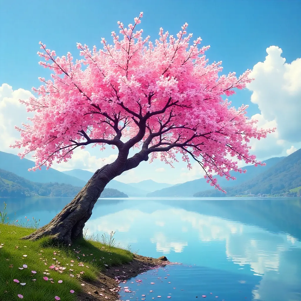 Lakeside Cherry Blossoms in Spring Light