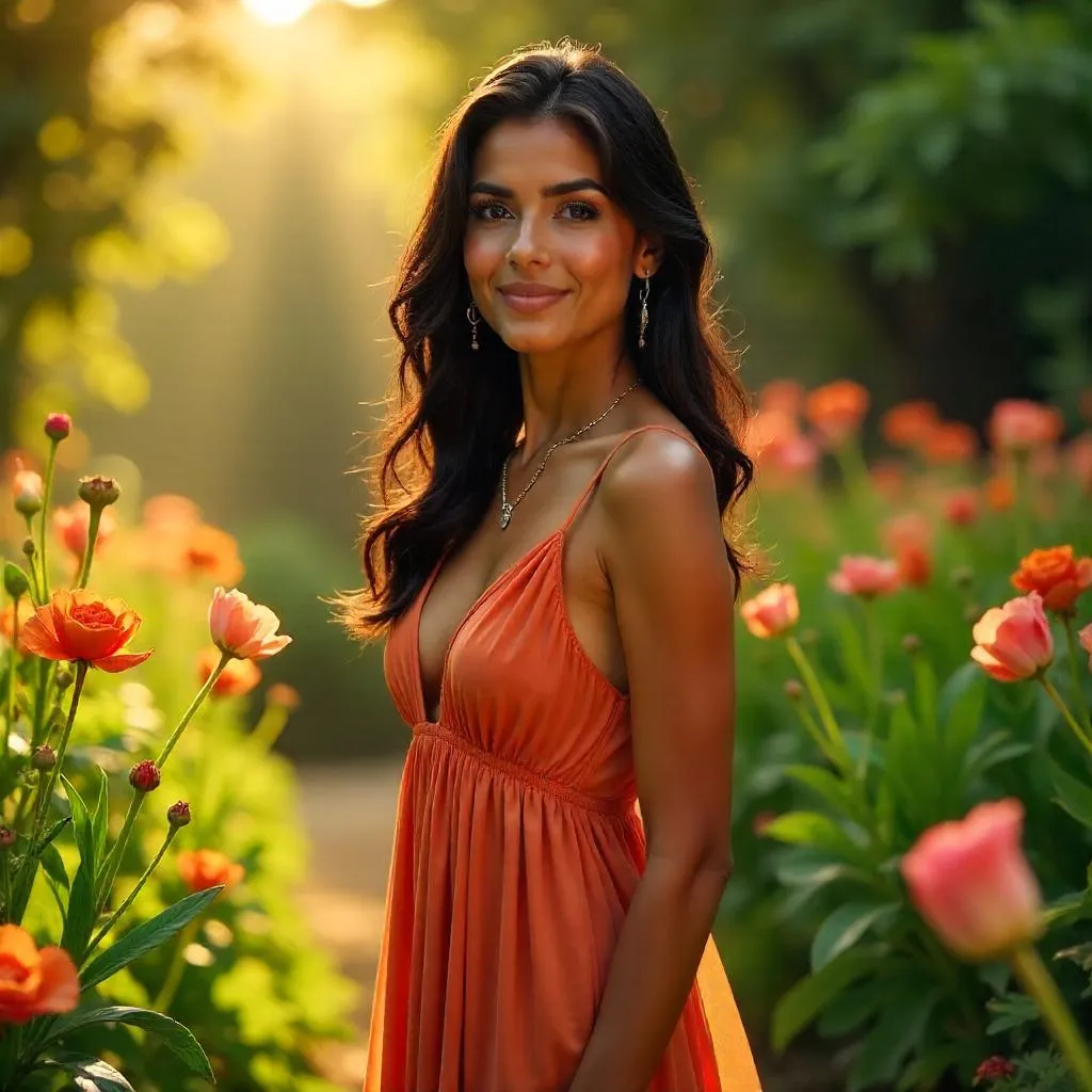 Elegant Latina Woman in a Sunlit Garden