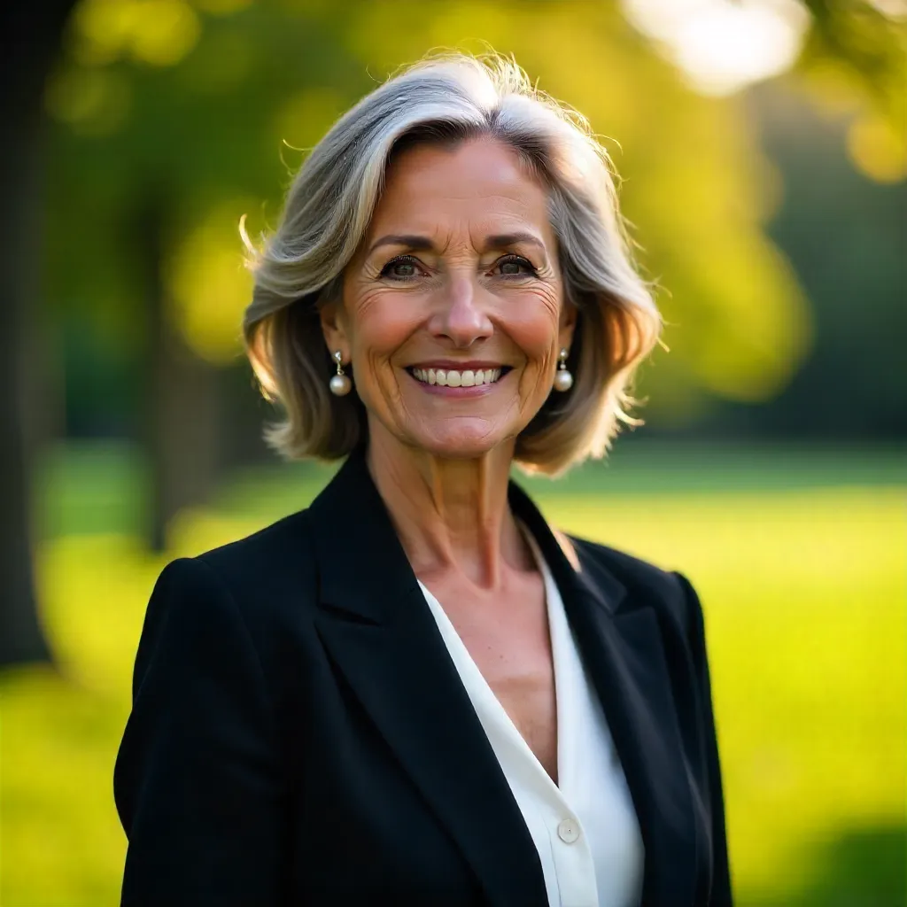 Elegant Gray-Haired Woman in a Black Suit Outdoors, Smiling