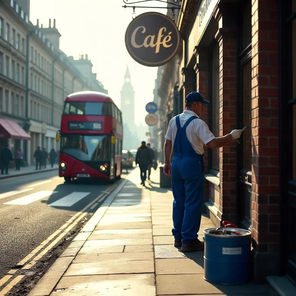 Blue Overalls Painting a Cafe Sign on Abbey Road