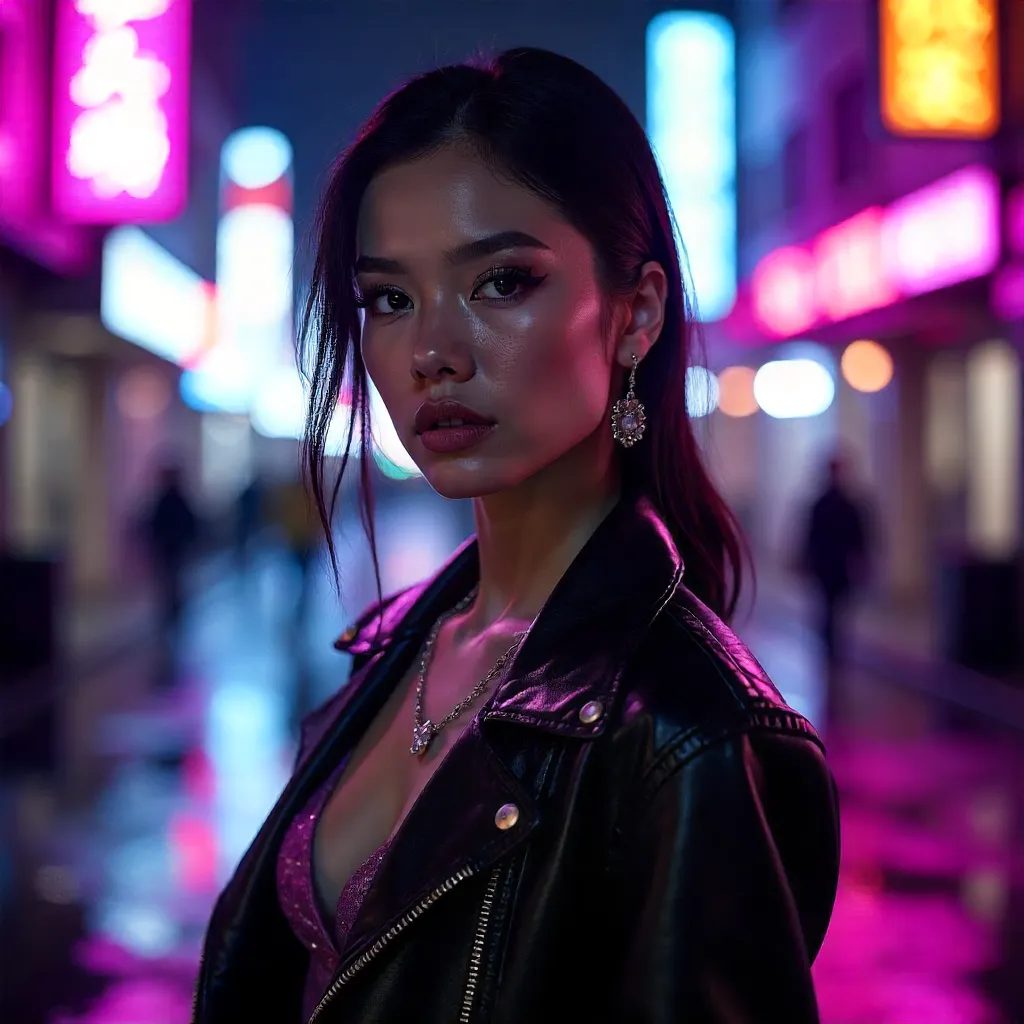Neon Noir Portrait: Woman in Neon Light
