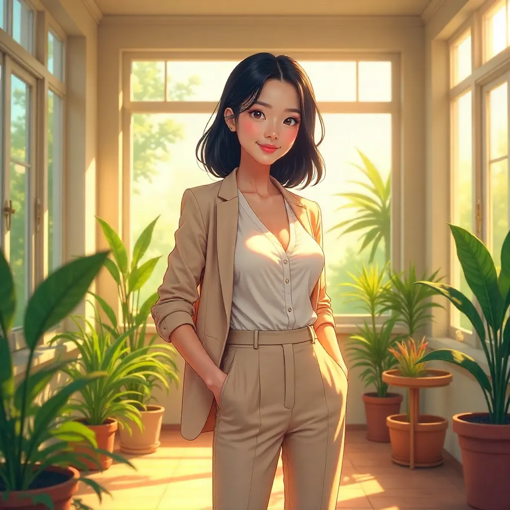 Confident Asian Woman in a Sunlit Anime Sunroom
