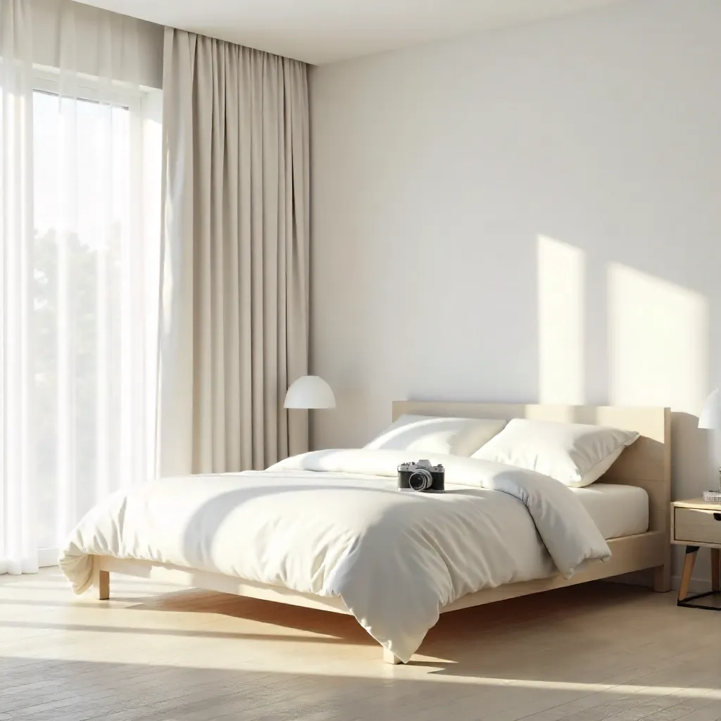 Bright Minimalist Bedroom with a Camera on the Bed