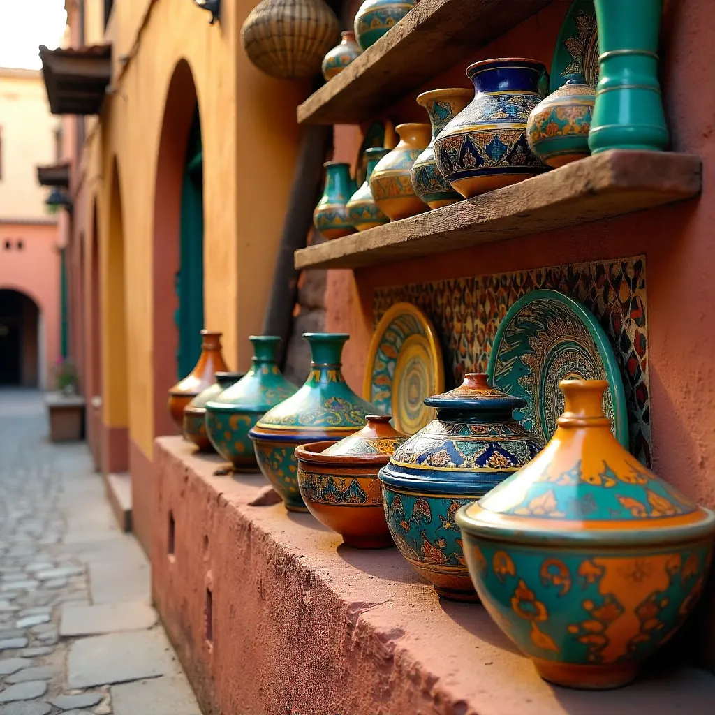 Vibrant Moroccan Pottery on a Colorful Wall