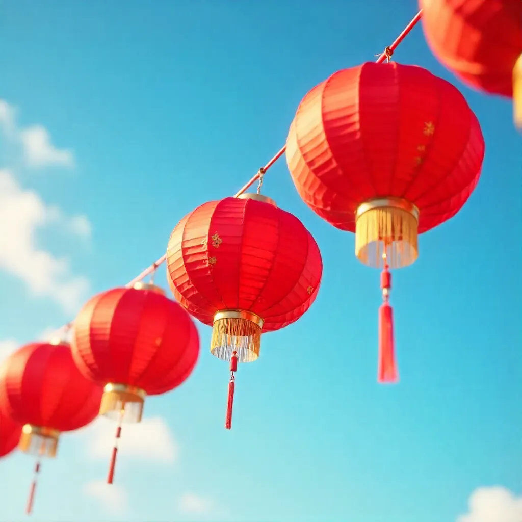 Red Chinese Lanterns Dancing in a Clear Blue Sky