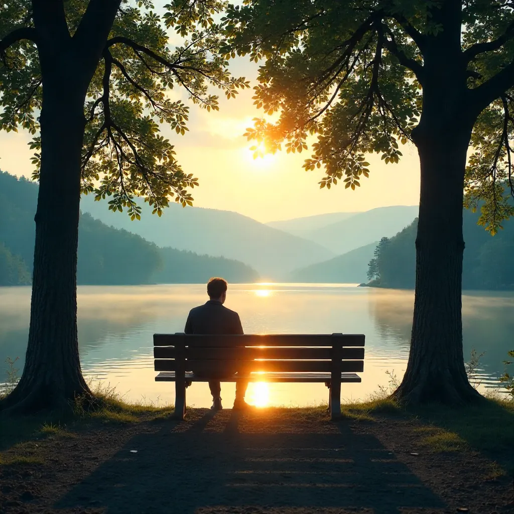 Silhouette on a Lakeside Bench Under Trees