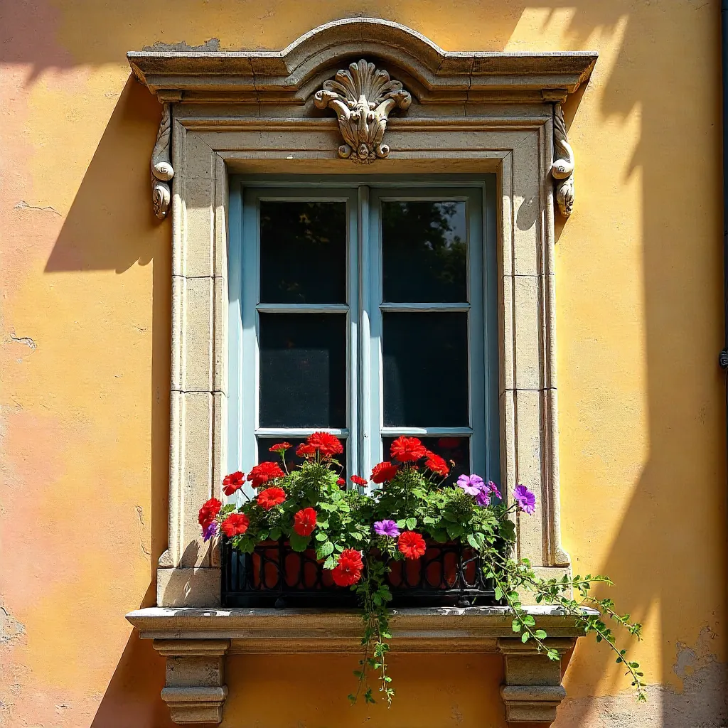 Close-Up: Ornate Window in Aix-en-Provence with Flowers
