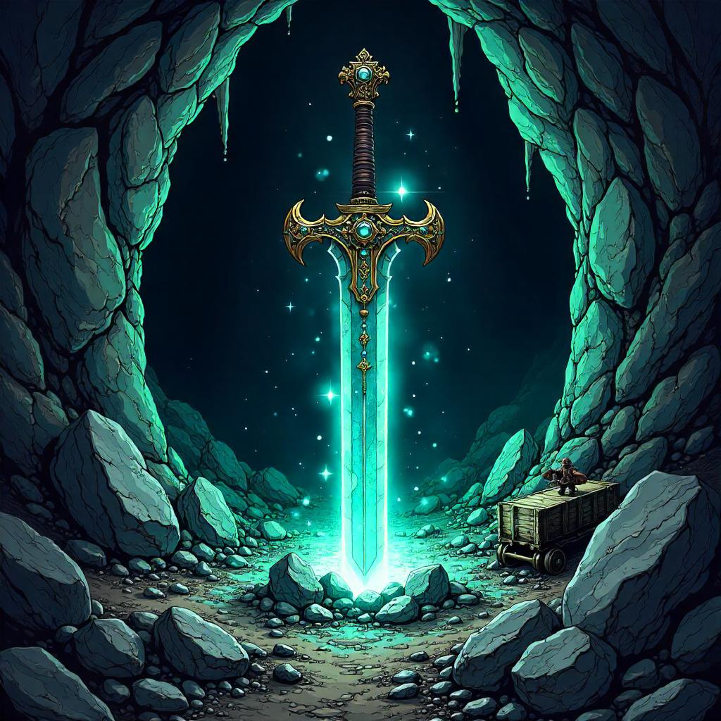 Enchanted Sword in a Mine - Comic Book Style