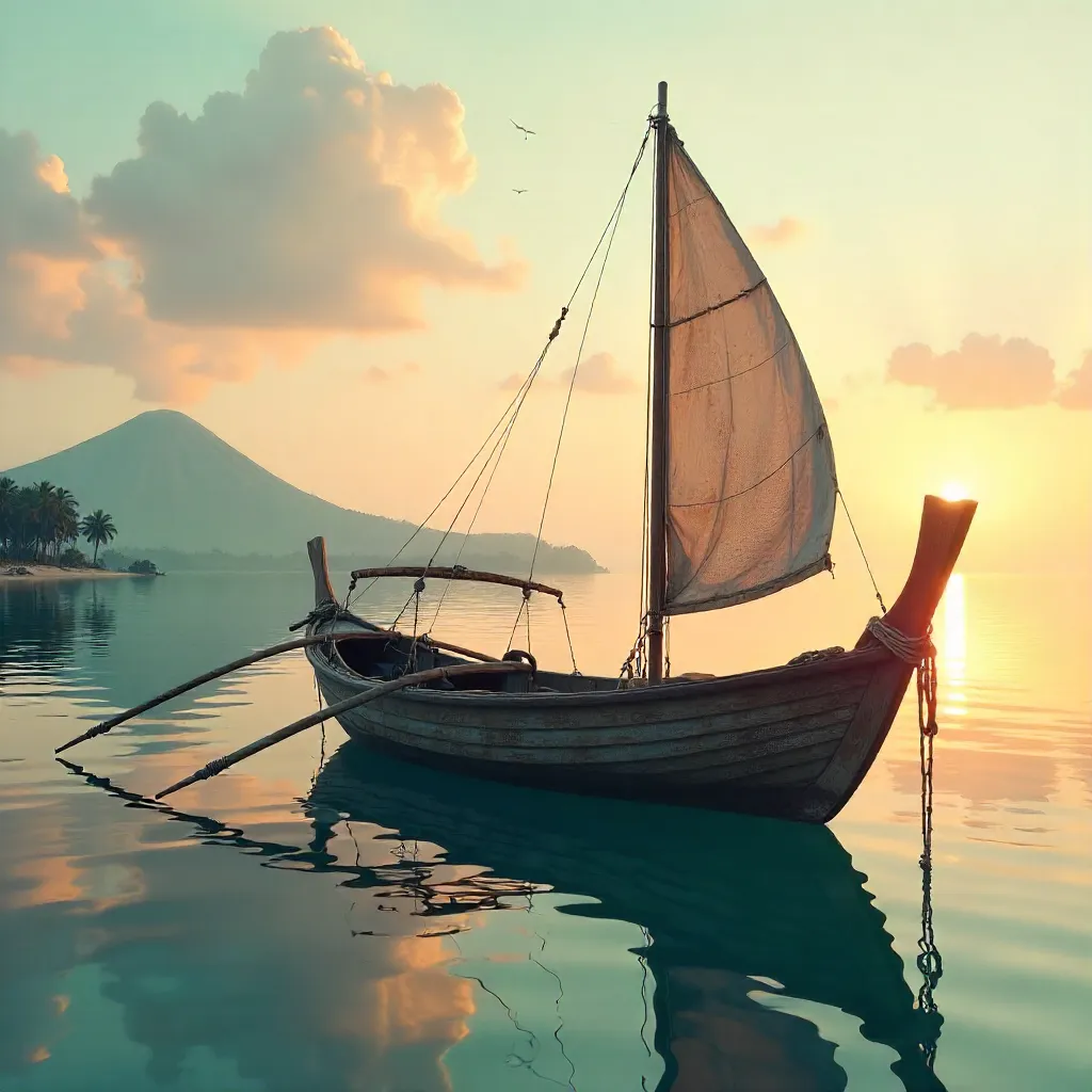 Serene Indonesian Jukung on a Tranquil Sea at Dawn