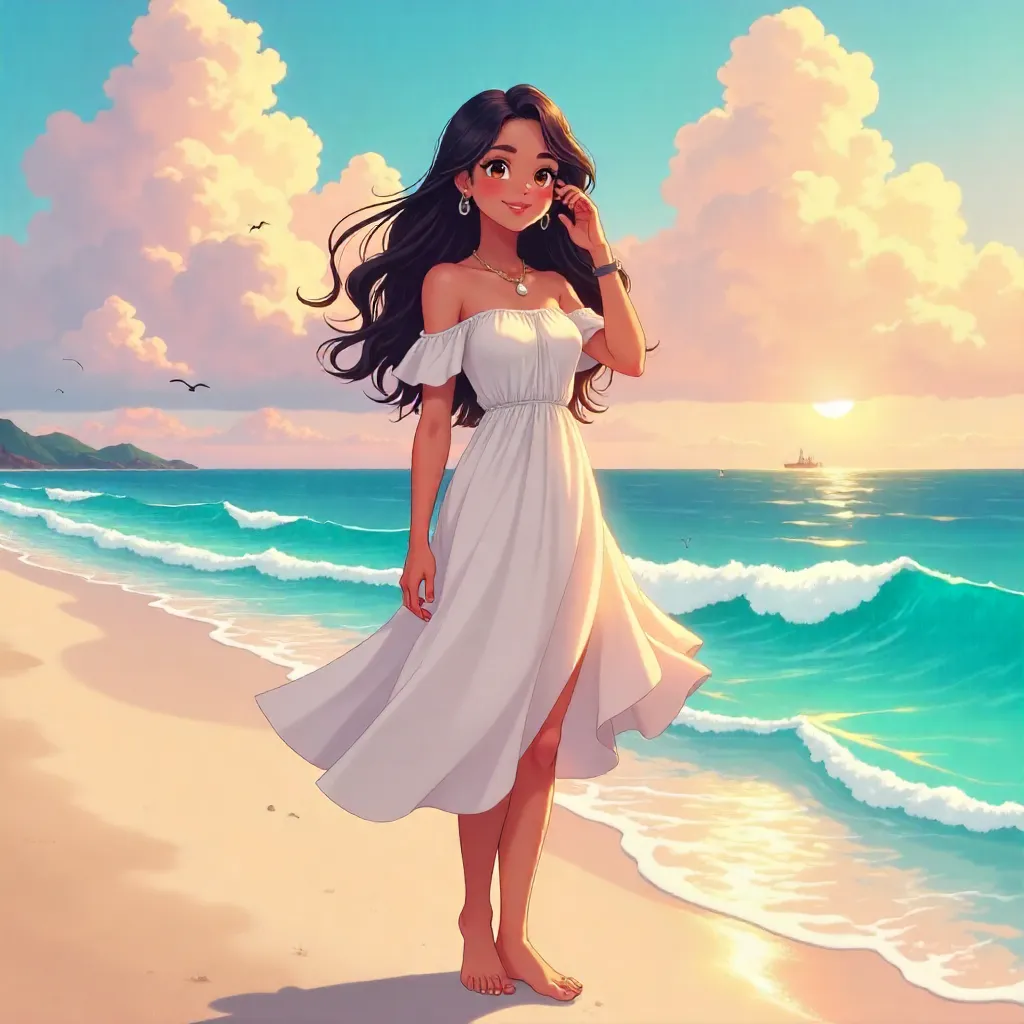 Latina Beauty by the Ocean in Anime Style