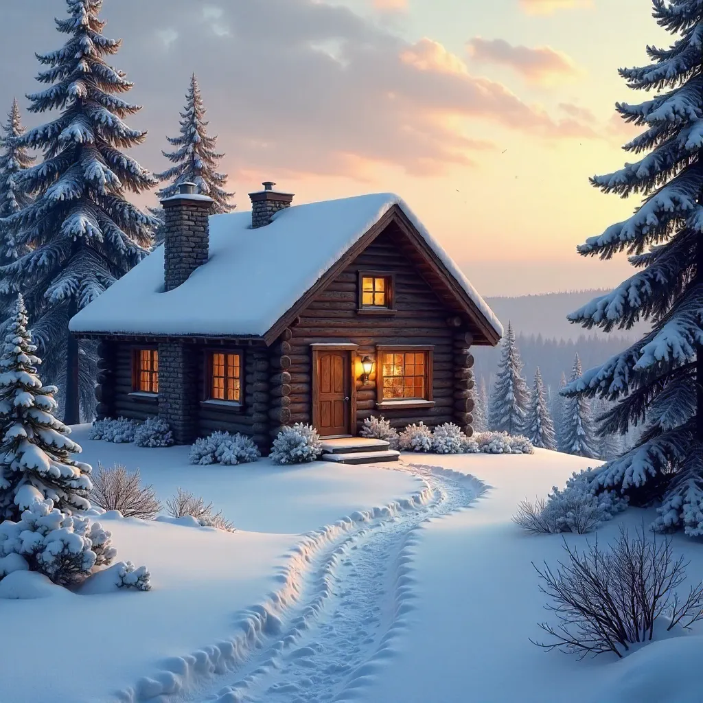 Serene Snowy Log Cabin in a Winter Forest