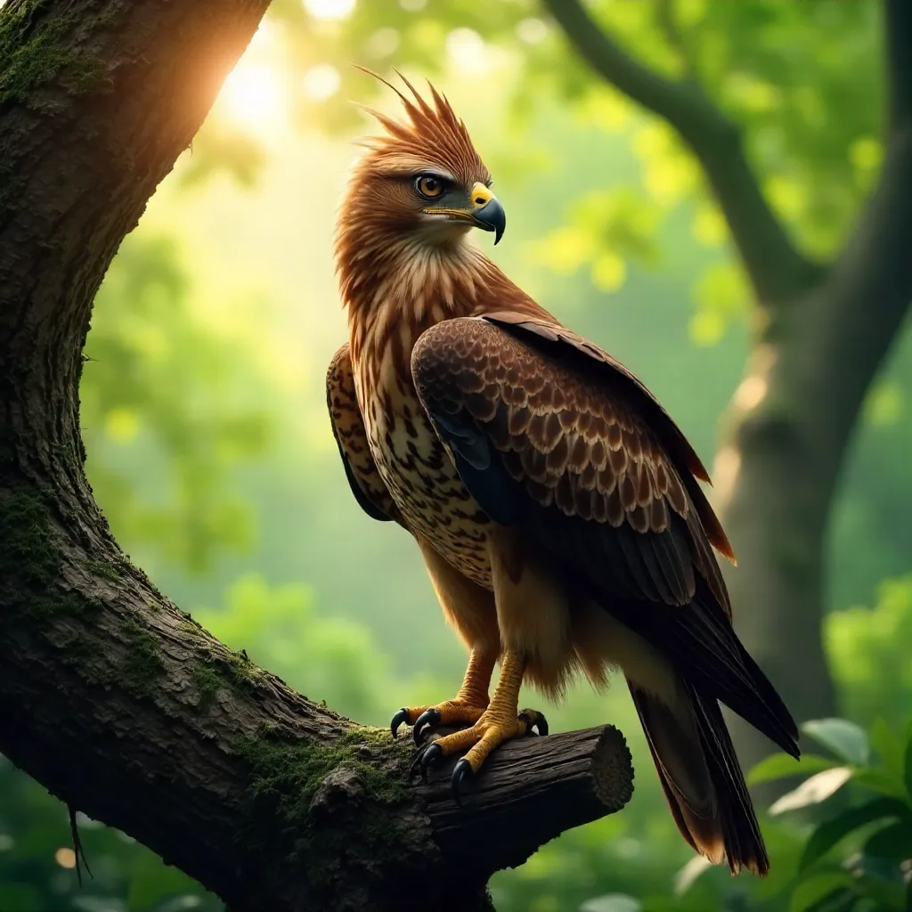 Crested Hawk-Eagle on Branch in Forest Light
