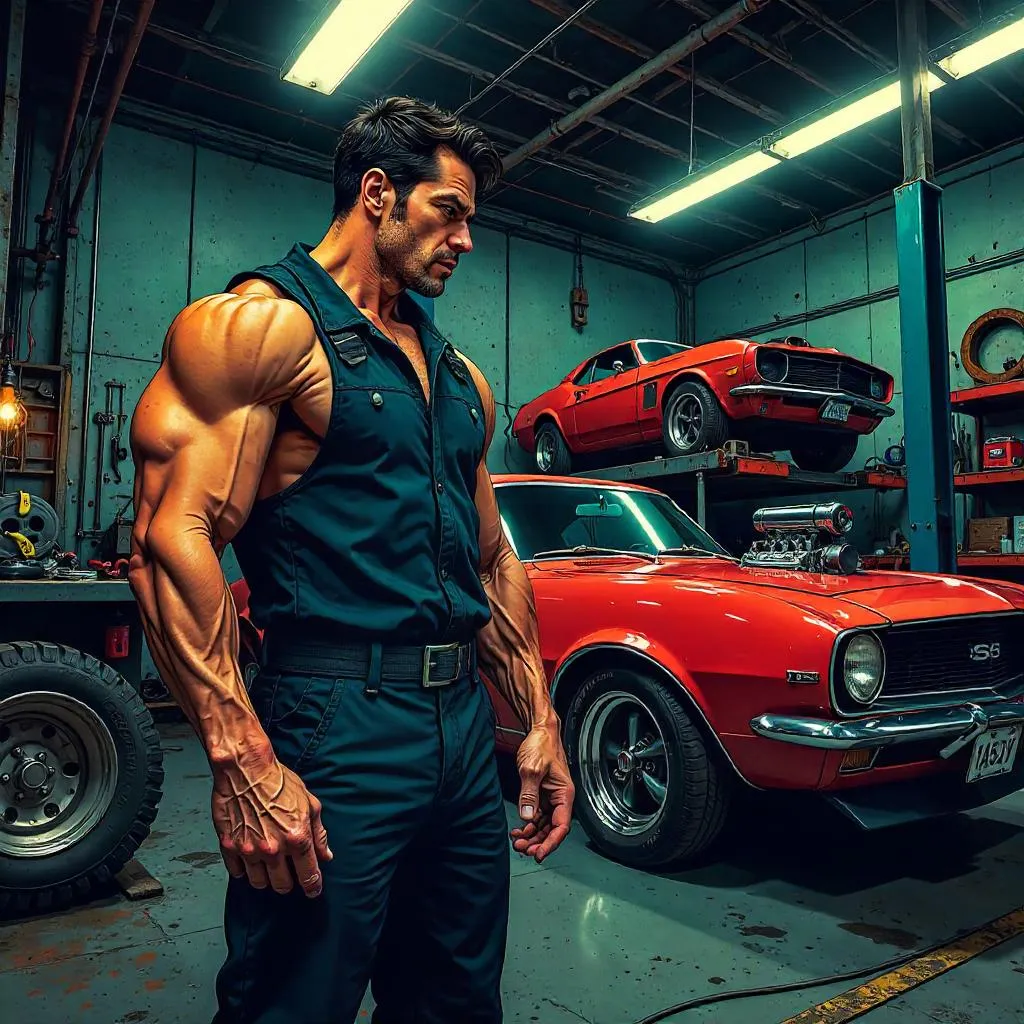 Strong Asian Hero in a Gritty Comic Garage