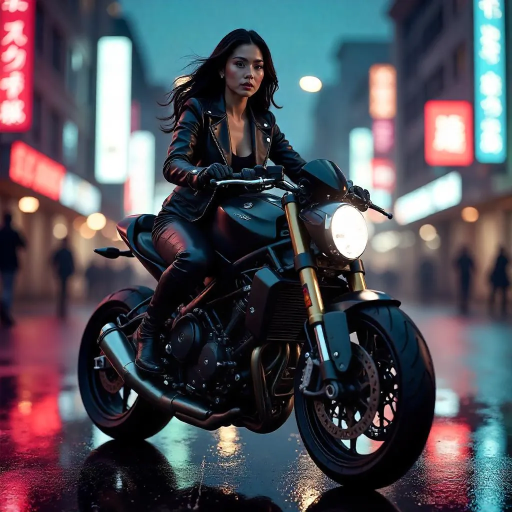 Elegant Asian Woman on a Sleek Motorcycle