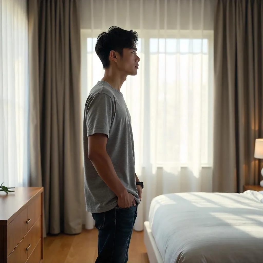 Photorealistic Young Asian Man in a Hotel Room