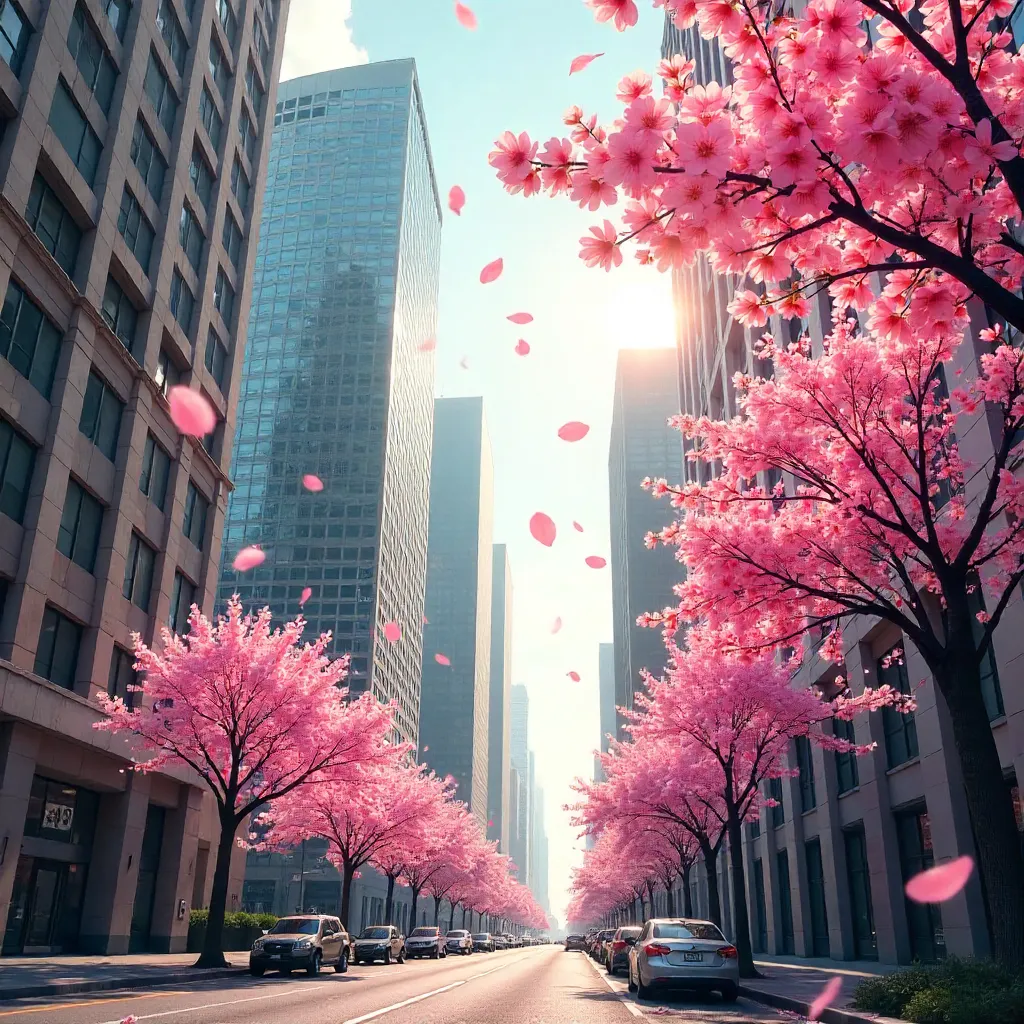 Blossoms Over Skyscrapers in Spring City