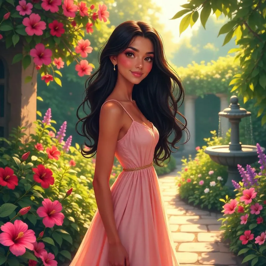Latina Beauty in a Sunlit Anime Garden