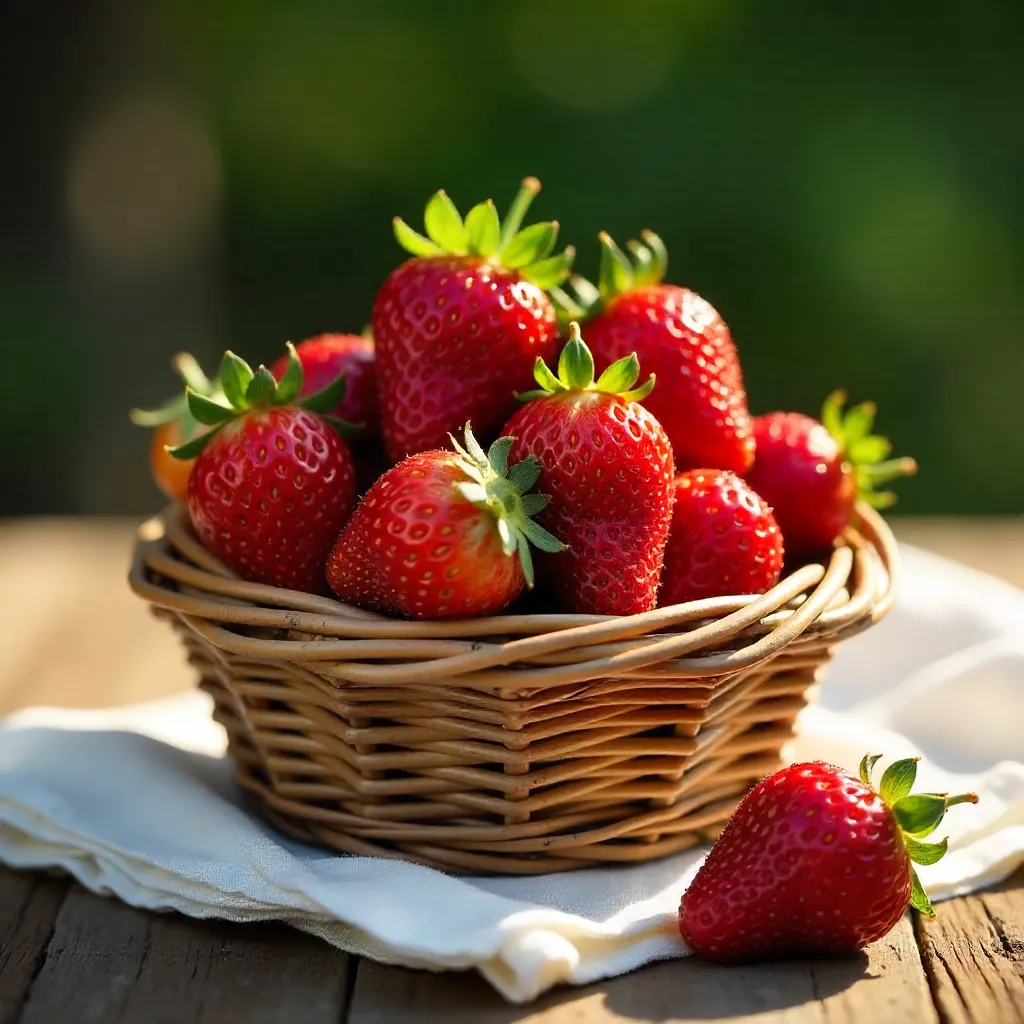 Basket of Fresh Strawberries on Sunlit Linen Cloth