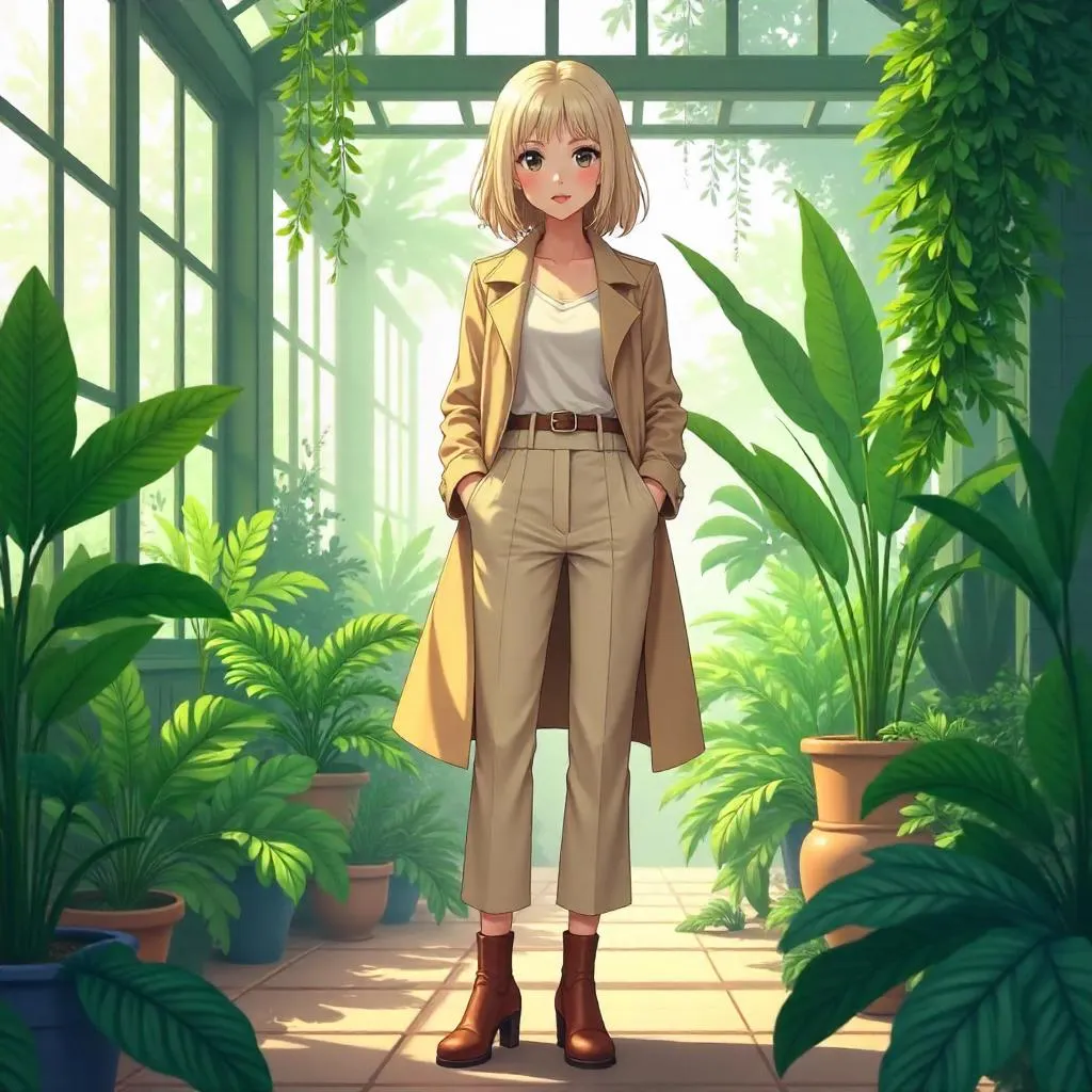 Anime-Style Caucasian Woman in a Greenhouse