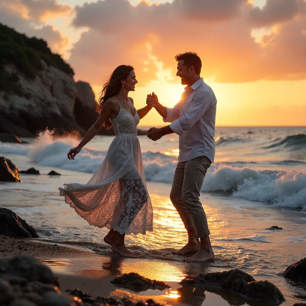 Romantic Sunset Dance on a Rocky Beach