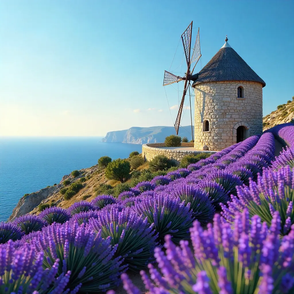 Stone Windmill Over Lavender Hill by the Ocean